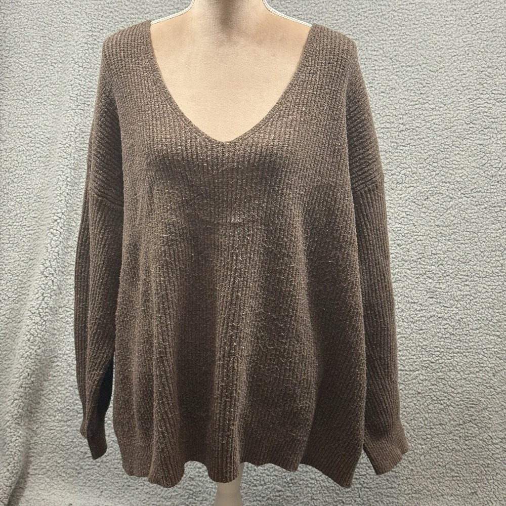 ava and viv Women's 2X Brown V-Neck Ribbed Knit Pullover Sweater Long Sleeve